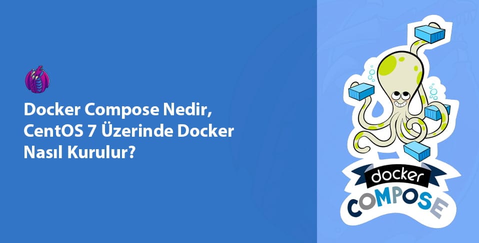 Docker, Docker Compose ve CentOS 7 logoları yan yana, terminal ekranında kurulum komutları