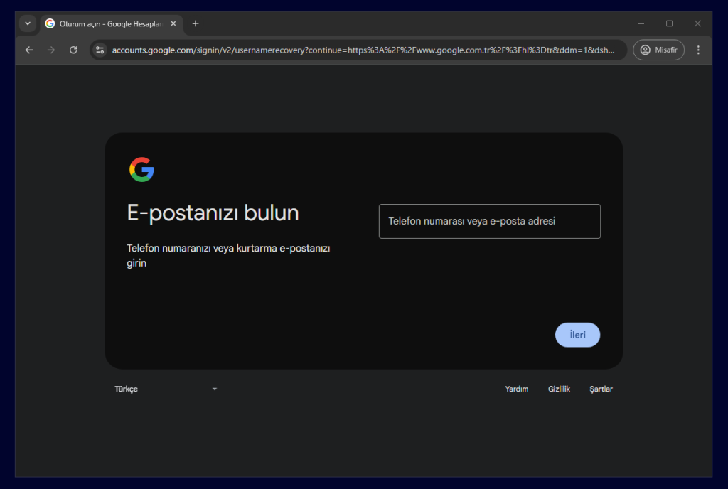 Google Şifremi Unuttum Sayfa İçeriği