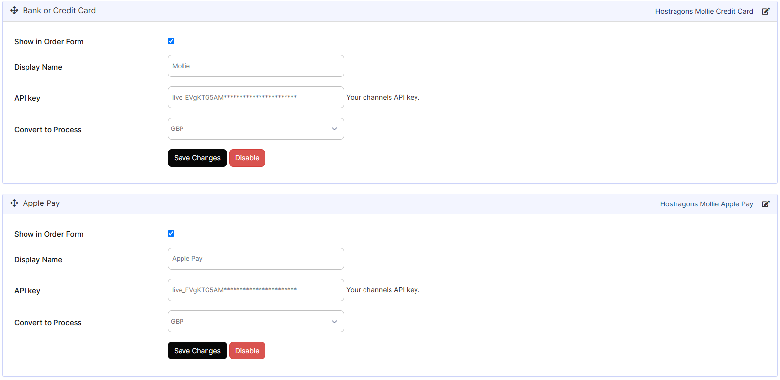 صفحة إدارة إعدادات API الخاصة بـ Mollie