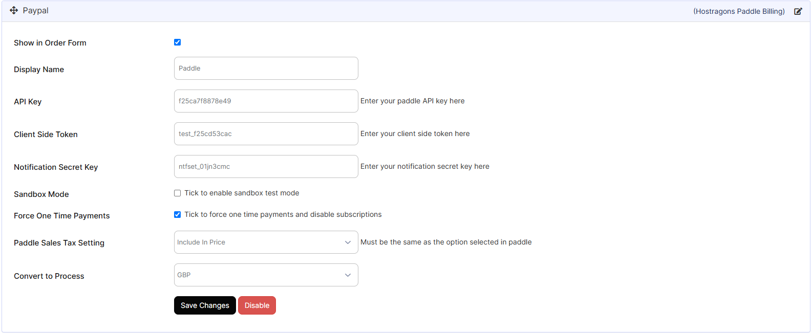 علامة تبويب إعدادات لوحة إدارة وحدة Paddle WHMCS